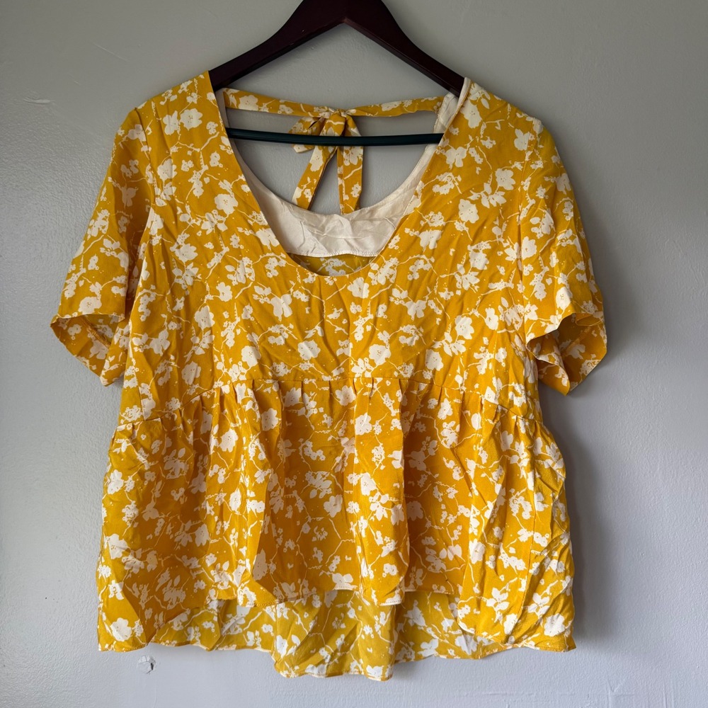 Lauren Moffatt Yellow Floral 100% Silk Babydoll Tie Back Blouse Top Large